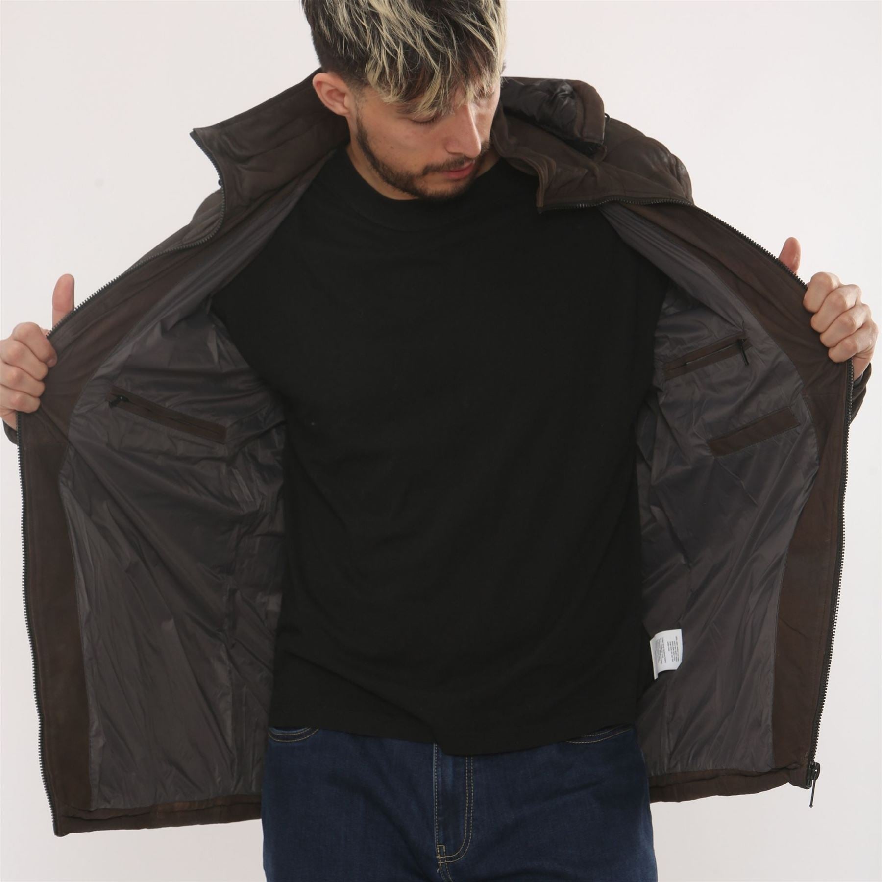 Men's Leather Puffer Jacket Hooded Quilted Winter Coat