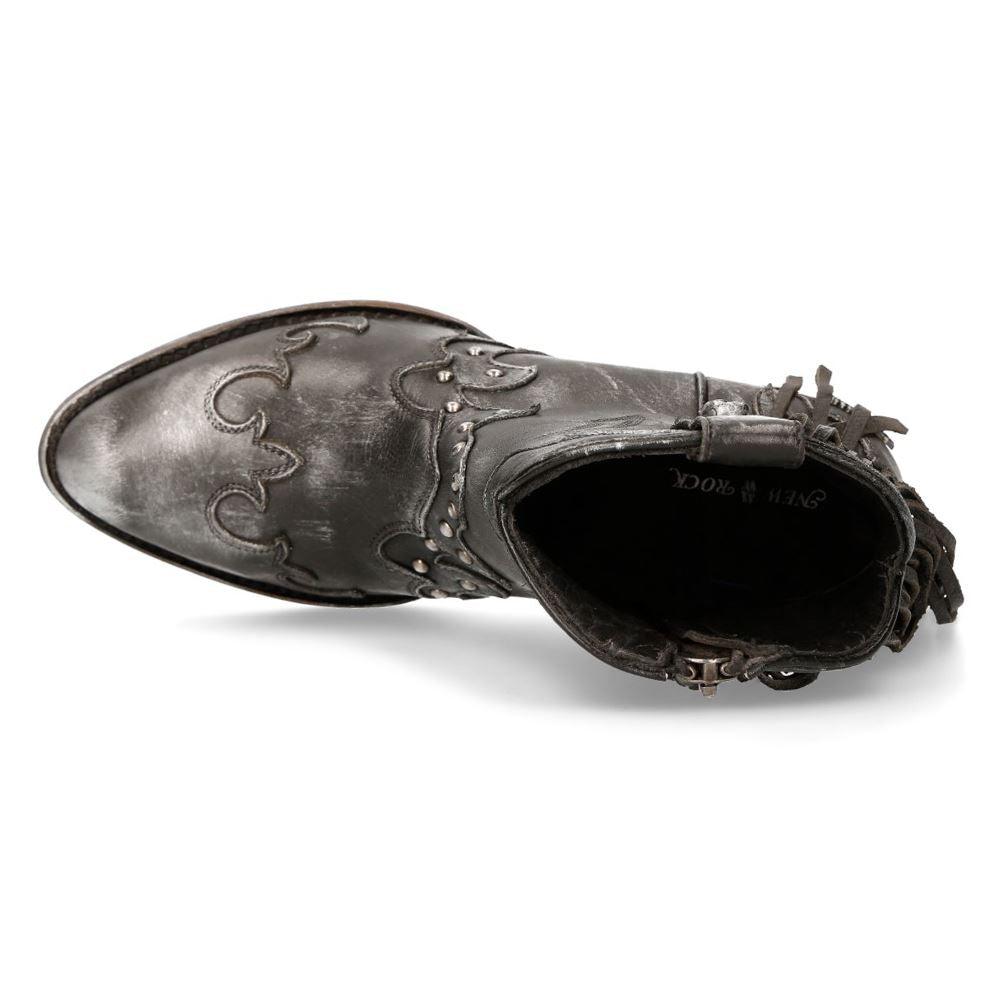 New Rock WSTM003-S1 Grey Leather Cowboy Western Pointed Boots Tassel Vintage - Knighthood Store