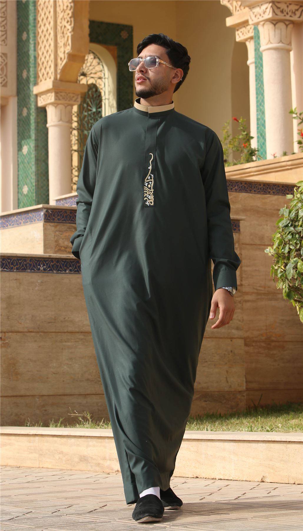 Men's Thobe Jubba Nehru Round Collar Islamic Clothing Muslim Kaftan Embroidery Eid Robe Saudi
