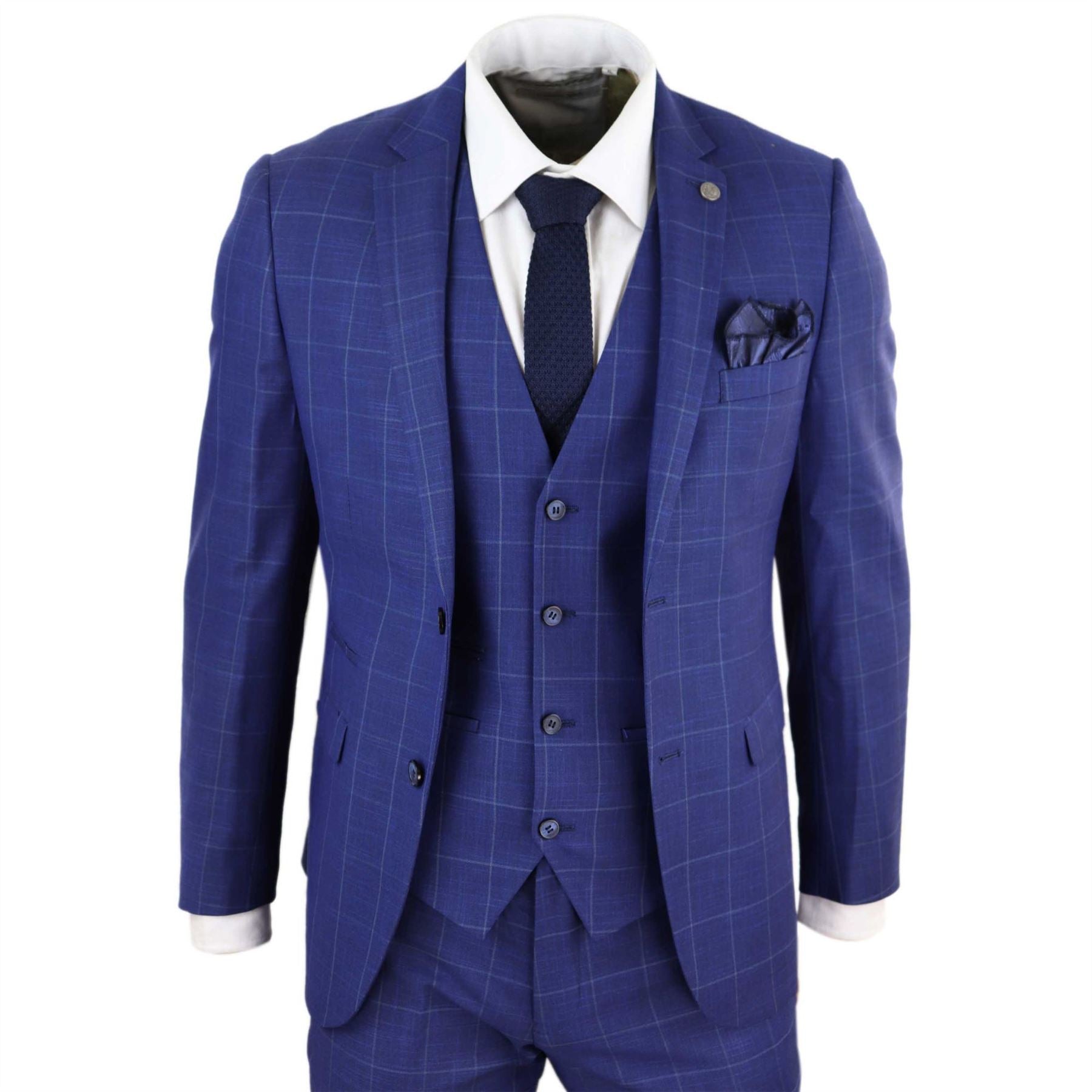 Mens 3 Piece Suit Royal Blue Prince Of Wales Check Suit Classic Wedding Formal