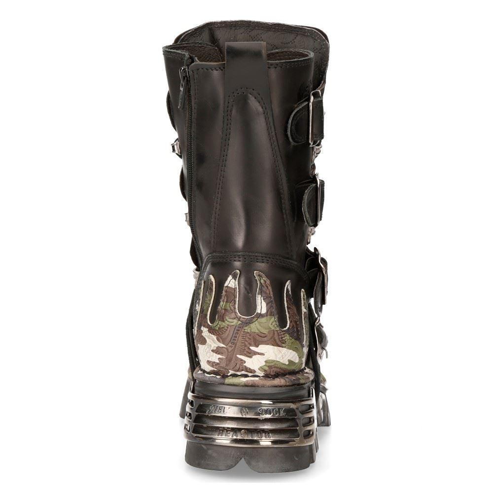 New Rock New Rock 591 S15 Camouflage Flame Metallic Black Leather Biker Goth Boot - Knighthood Store