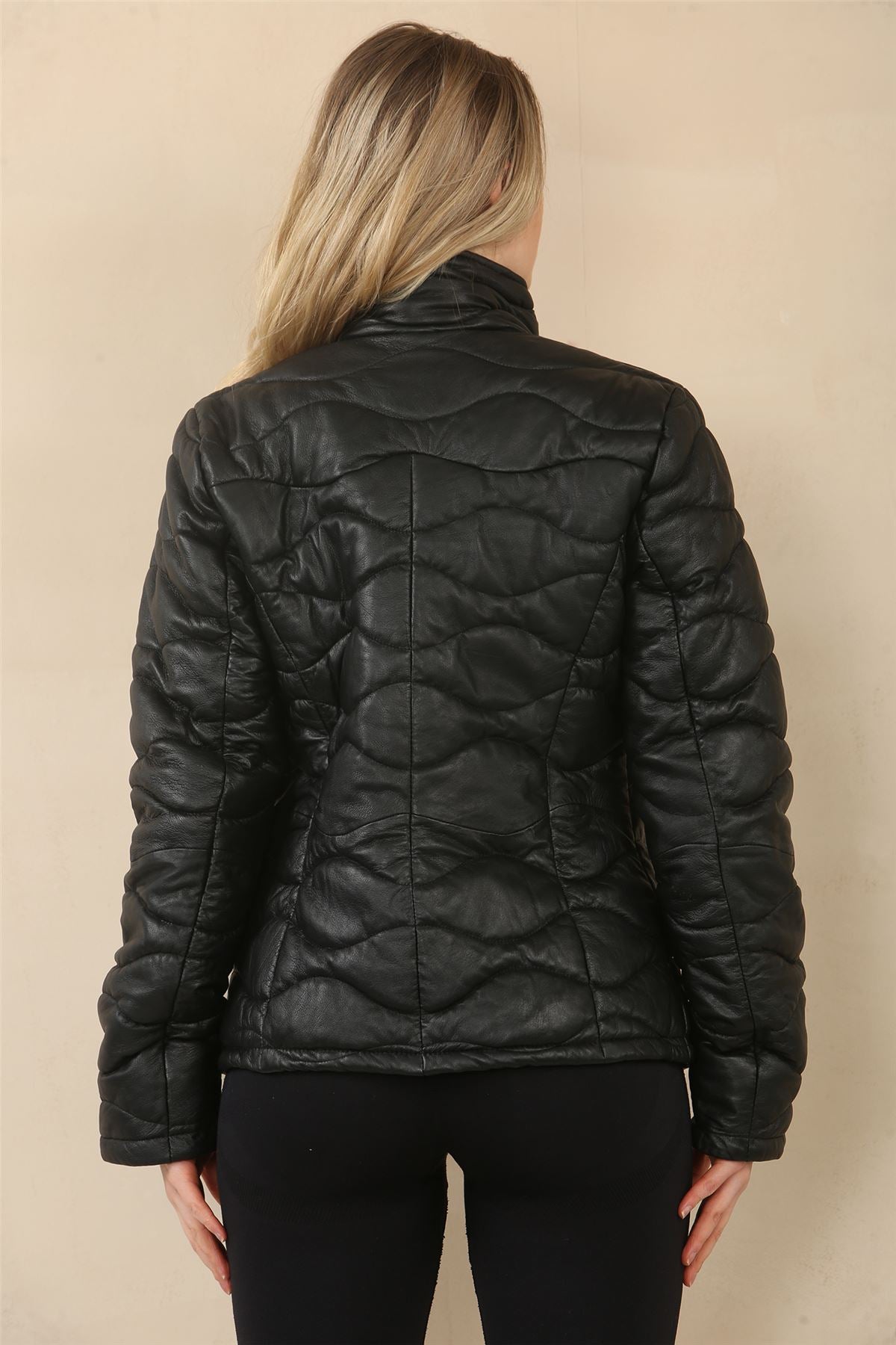 Women's Puffer Quilted Mid Length Leather Jacket