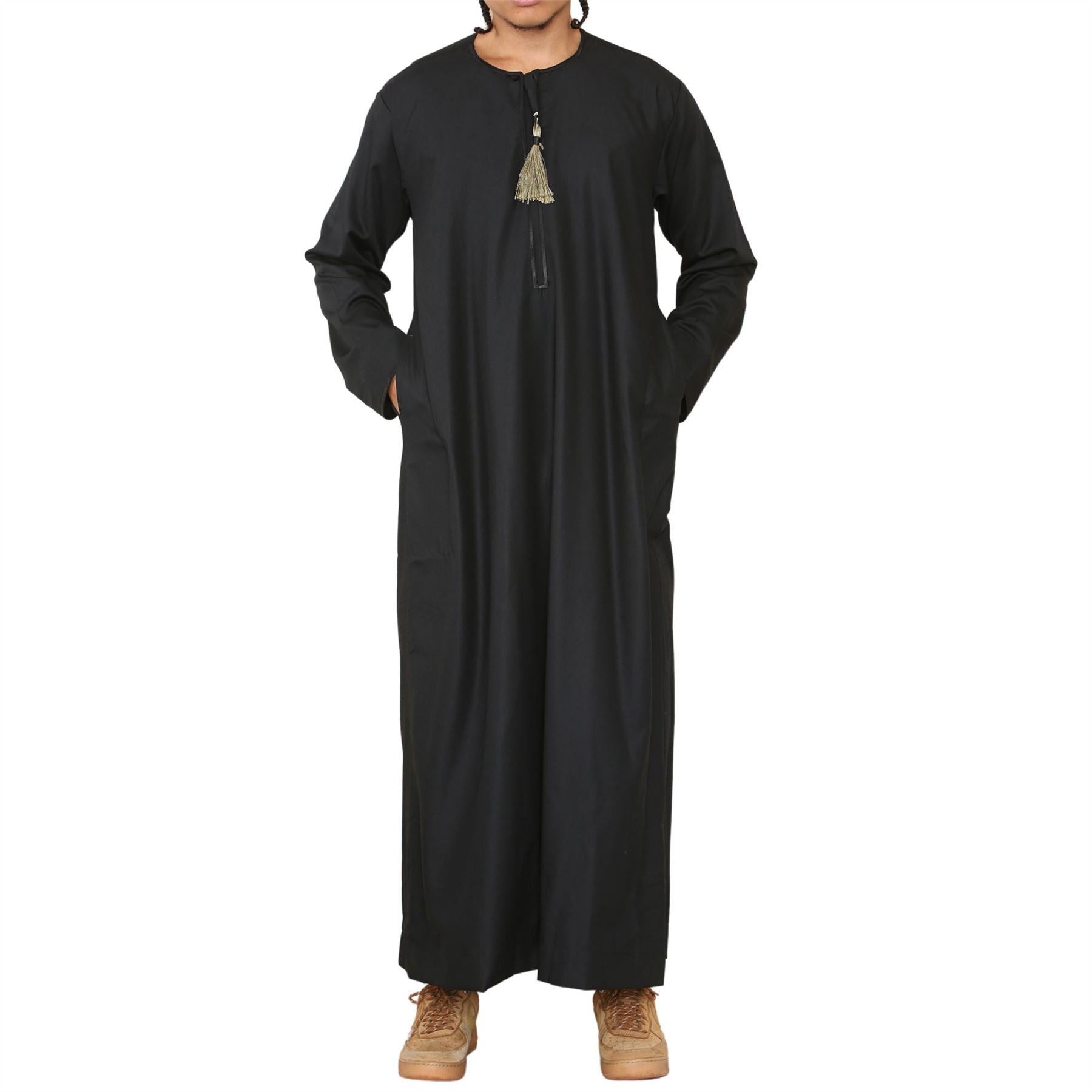 Mens Thobe Jubba Islamic Clothing Muslim Kaftan Emirati Omani Robe Arab Tassel