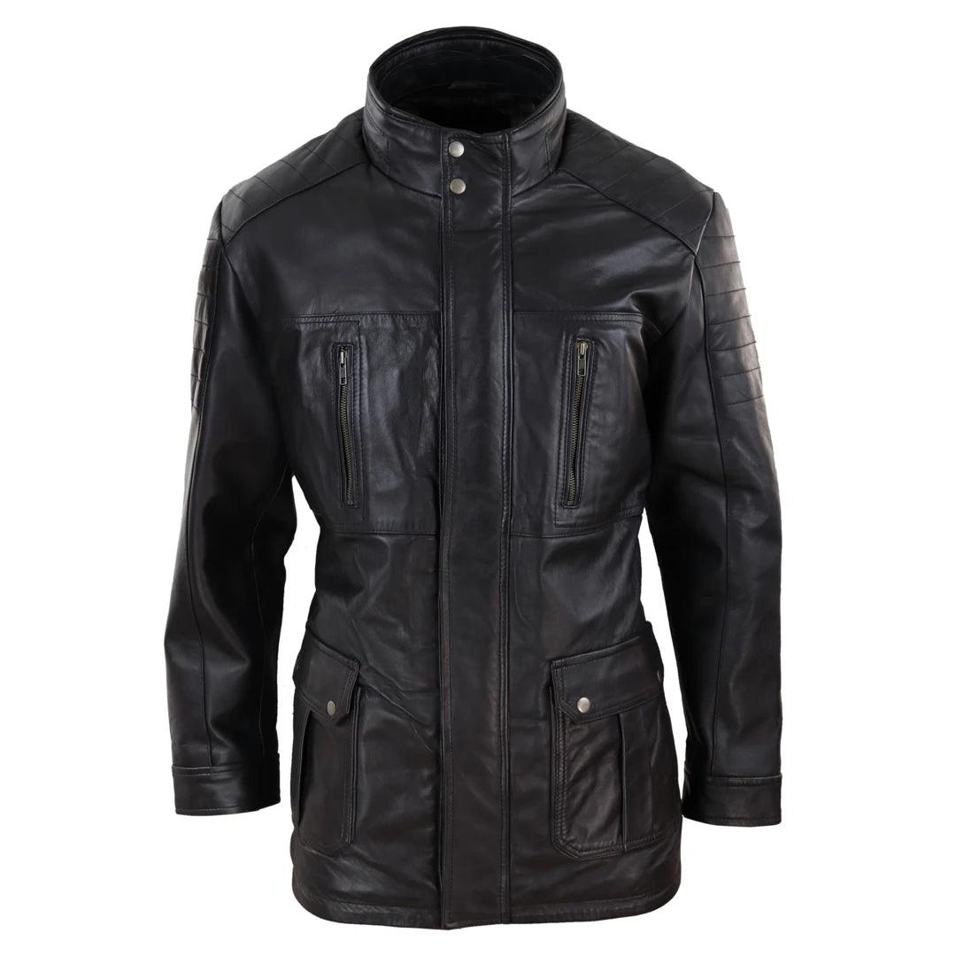 Mens 3/4 Real Leather Jacket Safari Black Brown Zipped Winter Shooting - Knighthood Store
