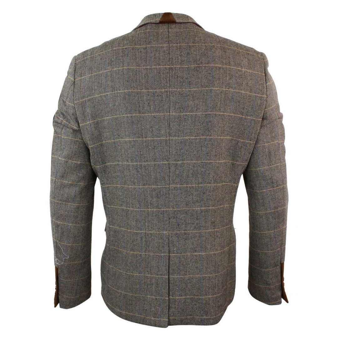 Mens Herringbone Tweed Marc Darcy Tan Brown Slim Fit 2 Button Blazer Check Jacket - Knighthood Store