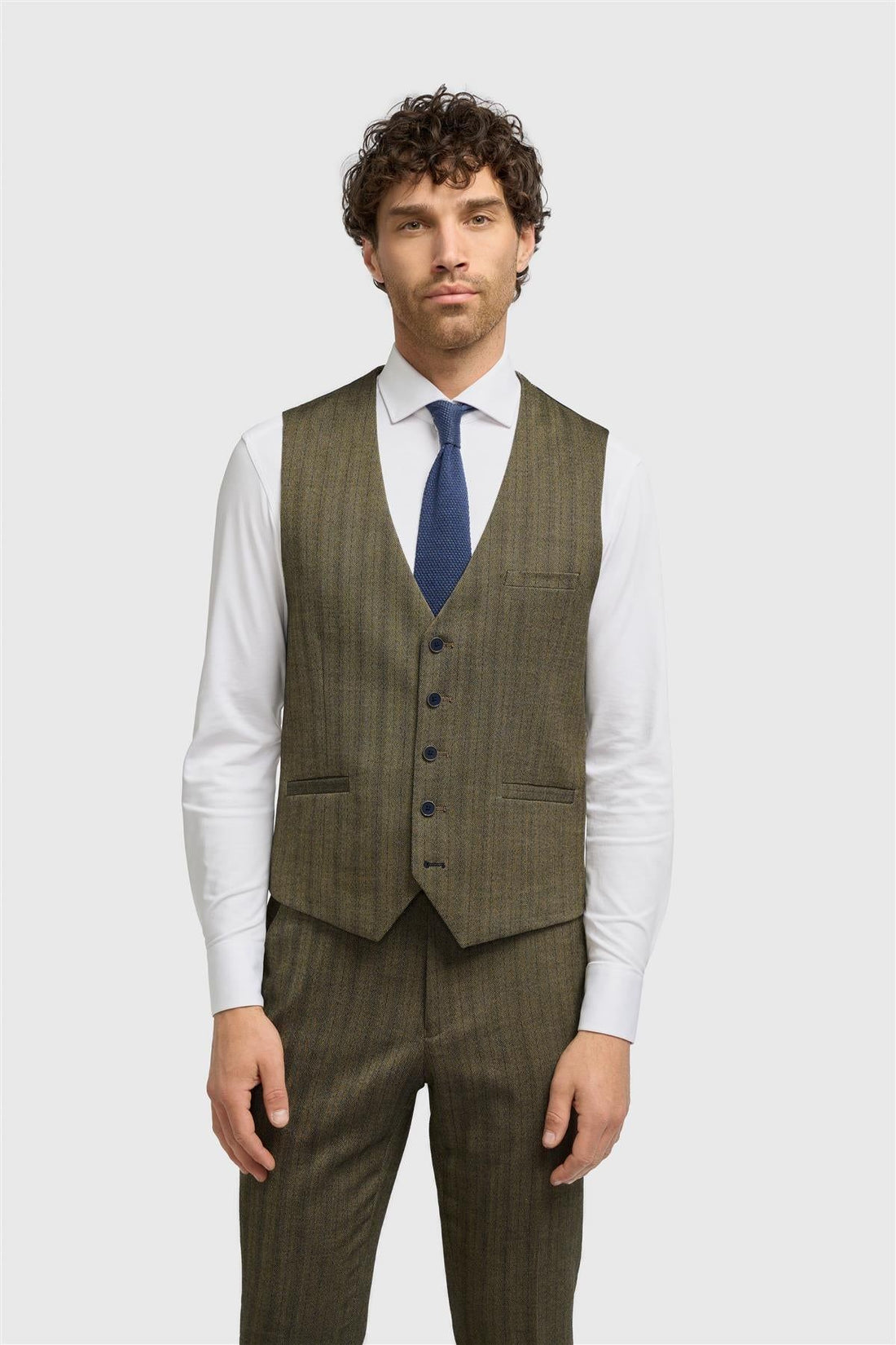 Damon - Men's Olive Green Tweed Herringbone Waistcoat