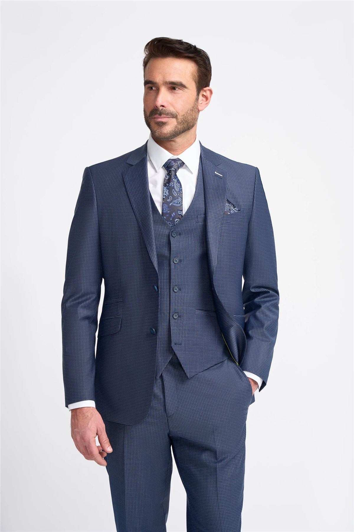 Men's Suit Navy Check 3 Piece Tailored Fit Formal Wedding Dress