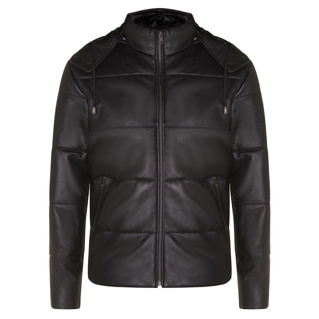 Mens Puffer Hood Jacket Real Leather Black Brown Casual Retro 80s Classic Casual - Knighthood Store