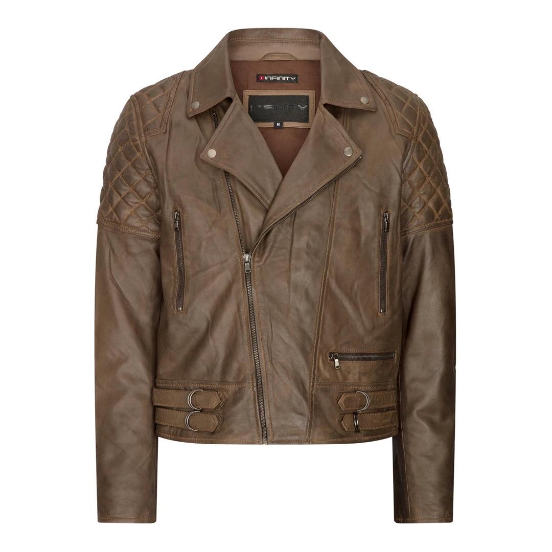 Mens Slim Fit Cross Zip Retro Vintage Brown Biker Punk Rock Real Leather Jacket - Knighthood Store