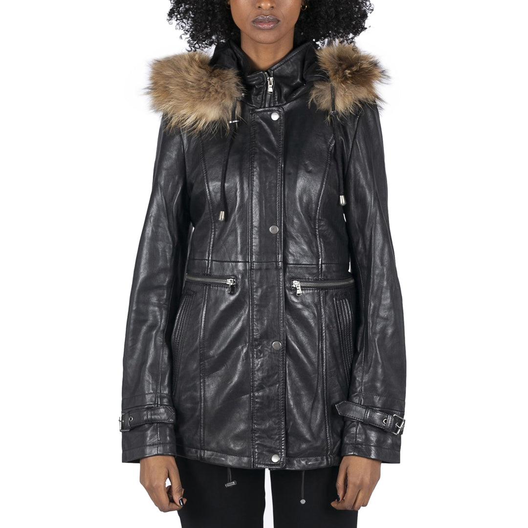 Womens Real Leather Parka Coat 3/4 Removable Hood Fur Button Cover Zipped - Knighthood Store