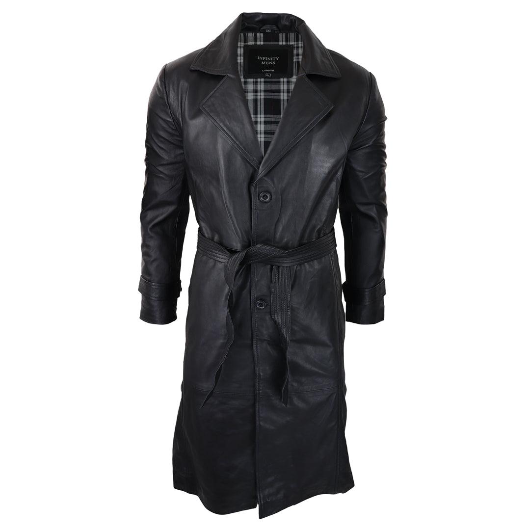 Mens Black 3/4 Mac Long Real Leather Classic Belted Punk Jacket Coat Vintage 80s - Knighthood Store