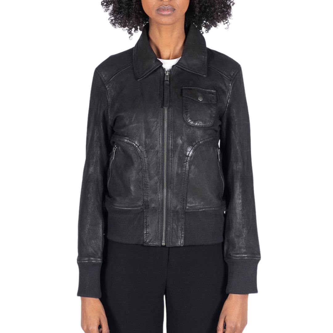 Womens Real Leather Bomber Jacket Short Zipped Retro Brown Tan Black Blue Grey - Knighthood Store