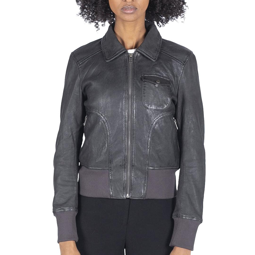 Womens Real Leather Bomber Jacket Short Zipped Retro Brown Tan Black Blue Grey - Knighthood Store