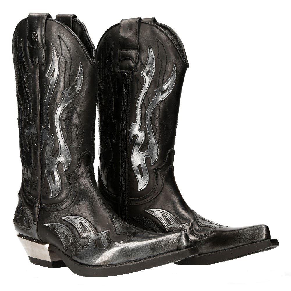 New Rock M-7921-S3 Silver Flame Boots Black Leather Heavy Biker Western Cowboy - Knighthood Store