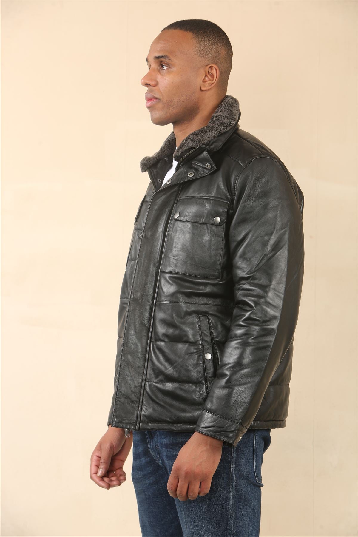 Men's Quilted Faux Fur Collar Leather Jacket