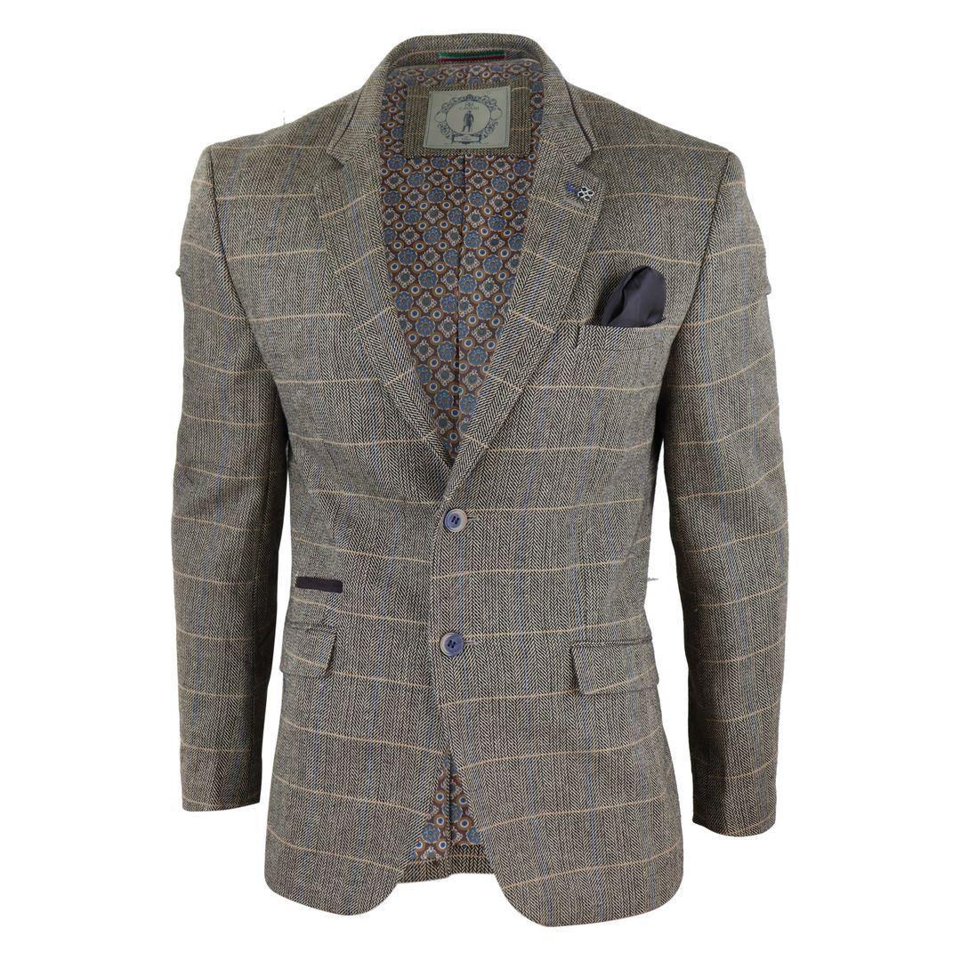 Mens Tweed Herringbone Check Grey Navy Brown Vintage Fit Blinders Blazer - Knighthood Store