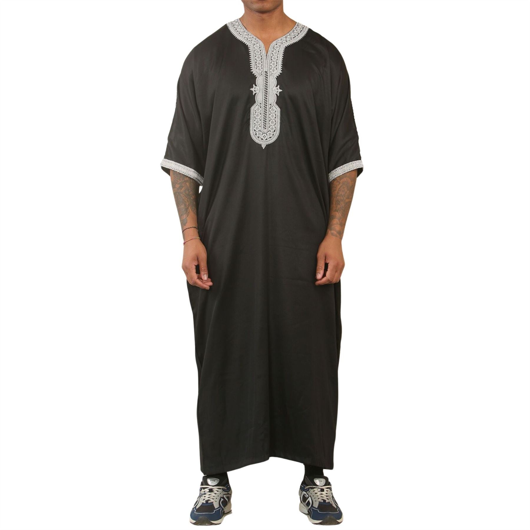 Men's Moroccan Thobe Short Sleeve Gandoura Embroidery Kaftan Jubba