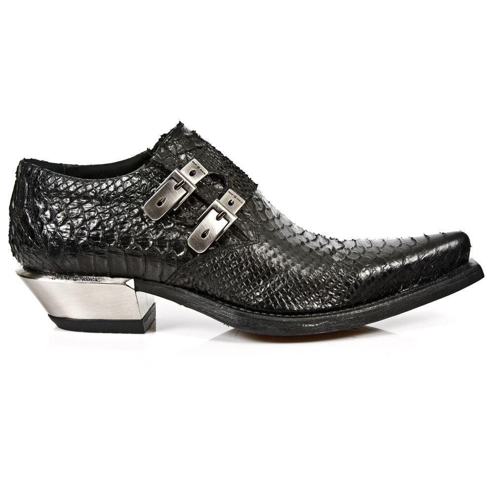 New Rock 7934-S2 Embossed Python Black Leather Buckle West Steel Heel Shoes Boot - Knighthood Store