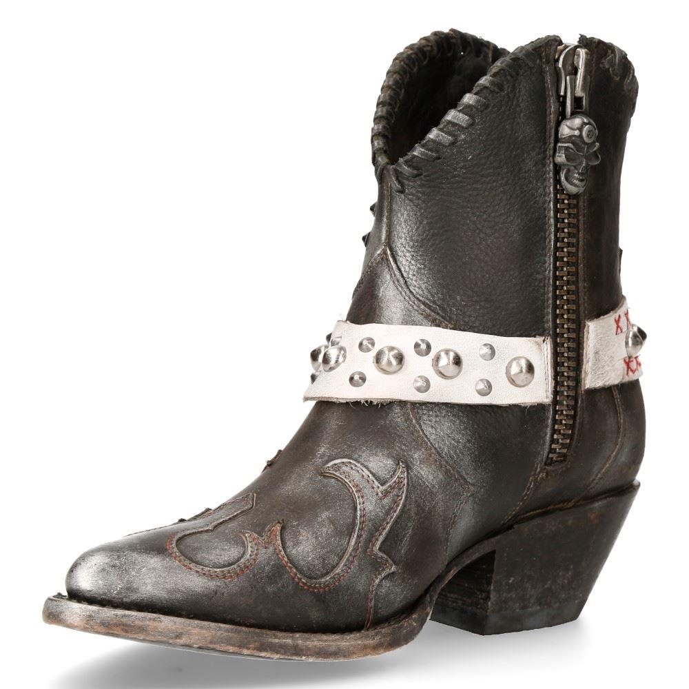 New Rock WSTM004-S2 Grey White Leather Cowboy Western Pointed Boots Vintage - Knighthood Store