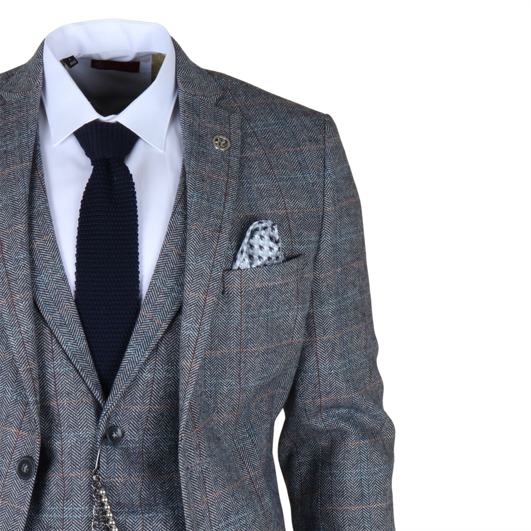 STZ74 - Men's 3 Piece Suit Wool Tweed Light Blue Grey Check