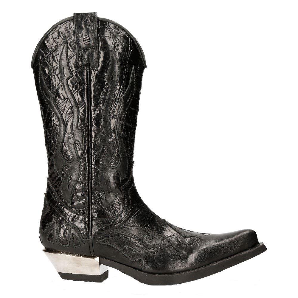 NEW ROCK M-7921-S1 BLACK FLAME BOOTS Black Leather Heavy Biker Western Cowboy - Knighthood Store