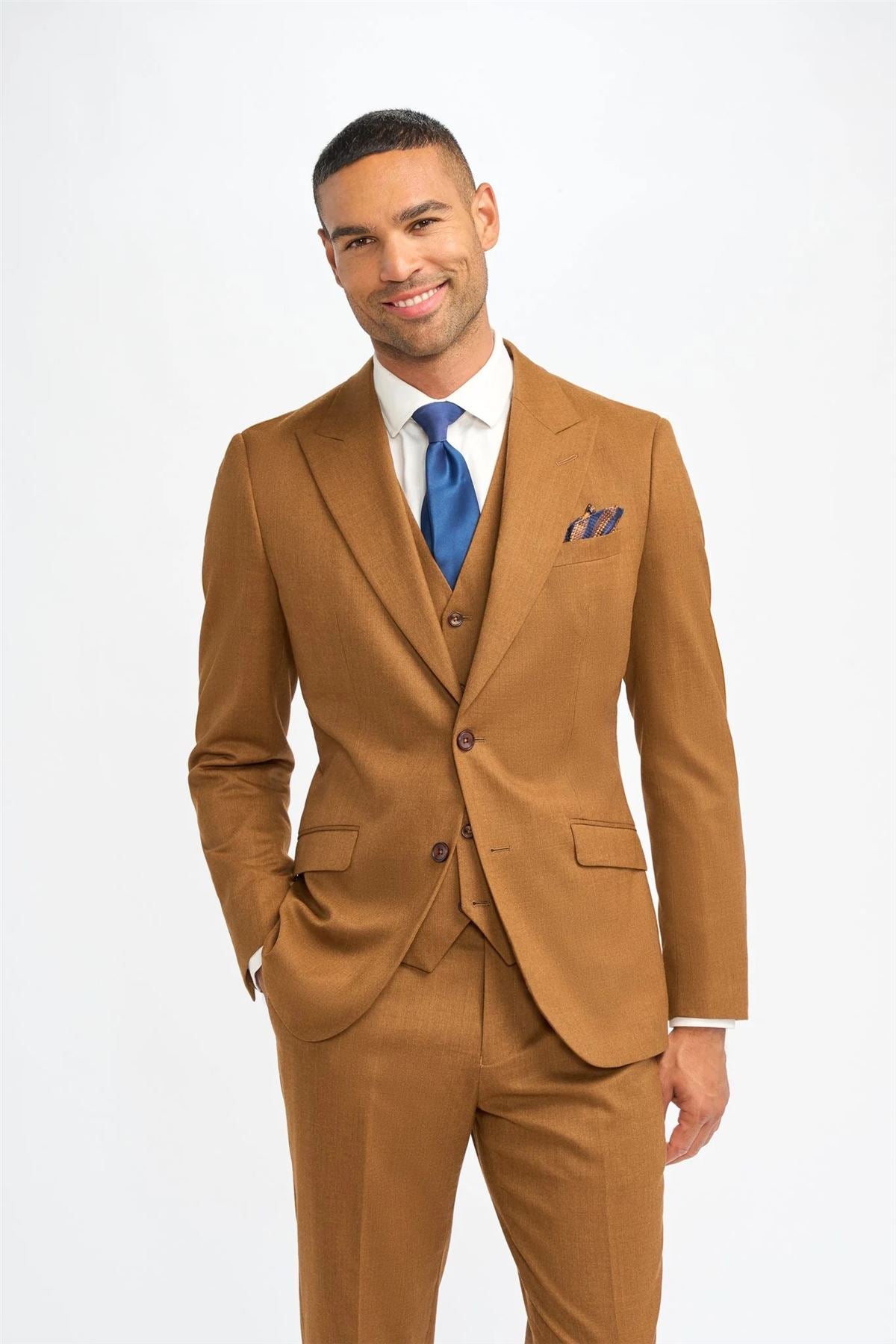 Men's Suit Camel Brown 3 Piece Wool Tailored Fit Formal Dress