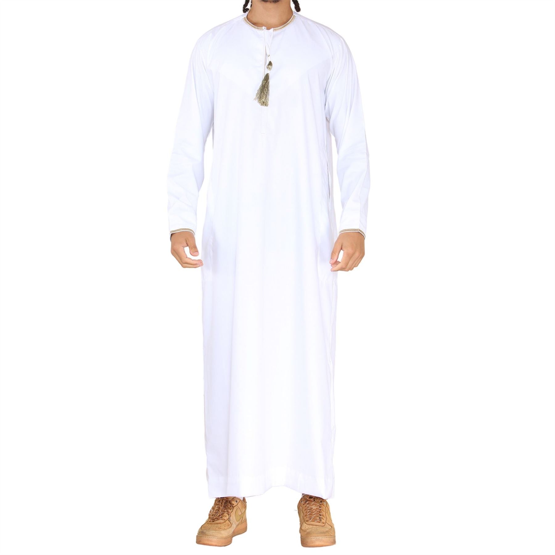 Mens Emirati Omani Thobe Jubba Islamic Clothing Muslim Kaftan Eid Robe Arab String Tassel