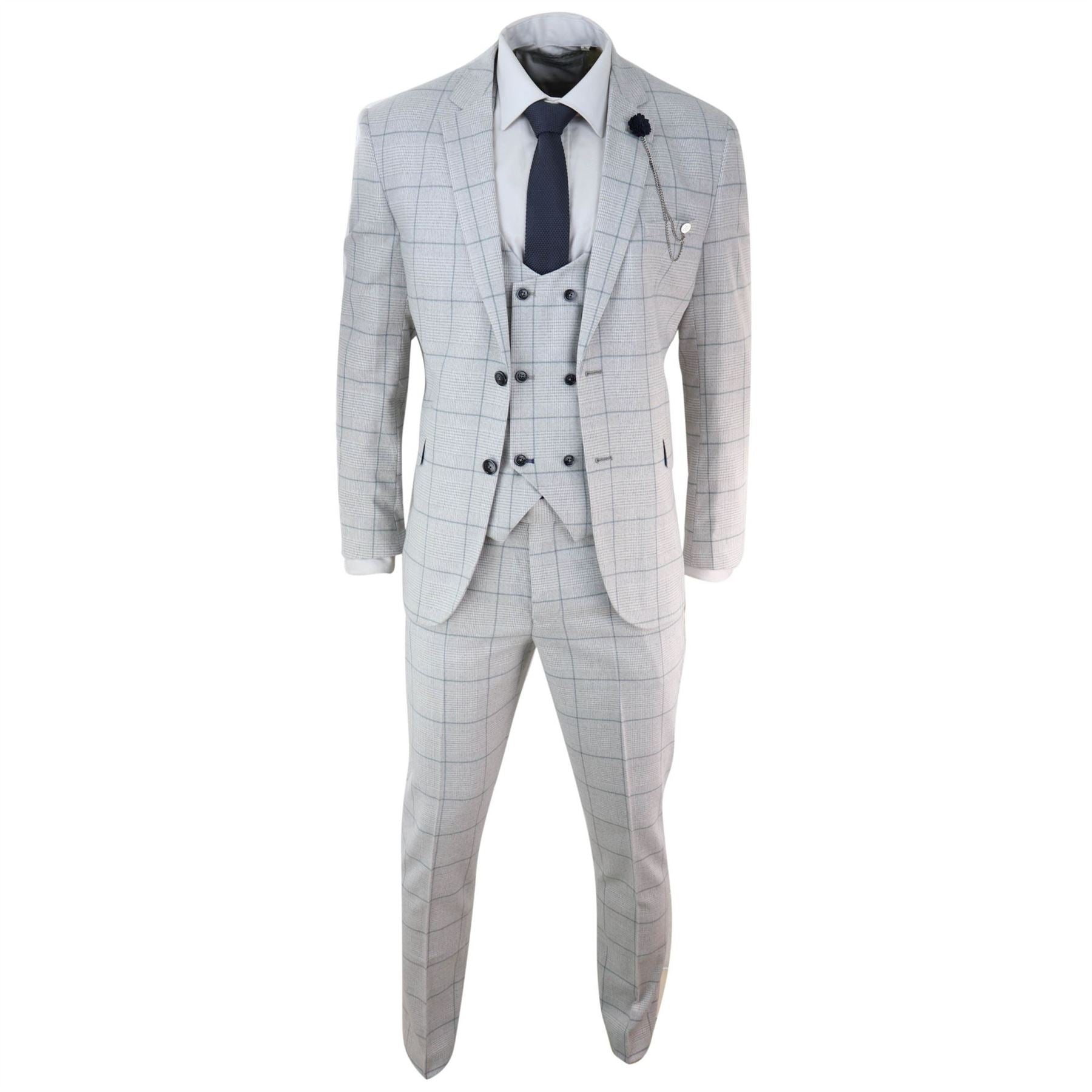 Mens Light Grey Check 3 Piece Suit Double Breasted Waoistcoat Tailored Fit