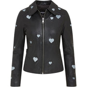 Women's Real Leather Shirt Collar Heart Print Jacket