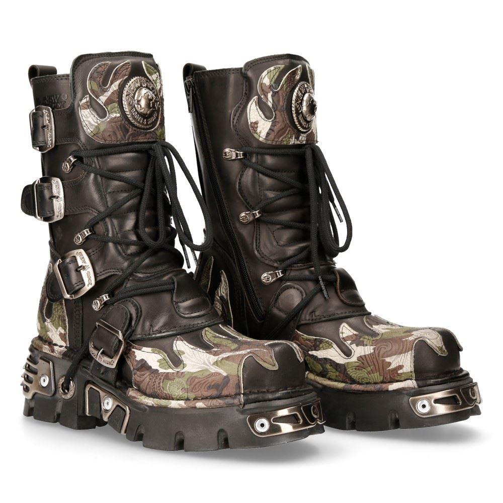 New Rock New Rock 591 S15 Camouflage Flame Metallic Black Leather Biker Goth Boot - Knighthood Store