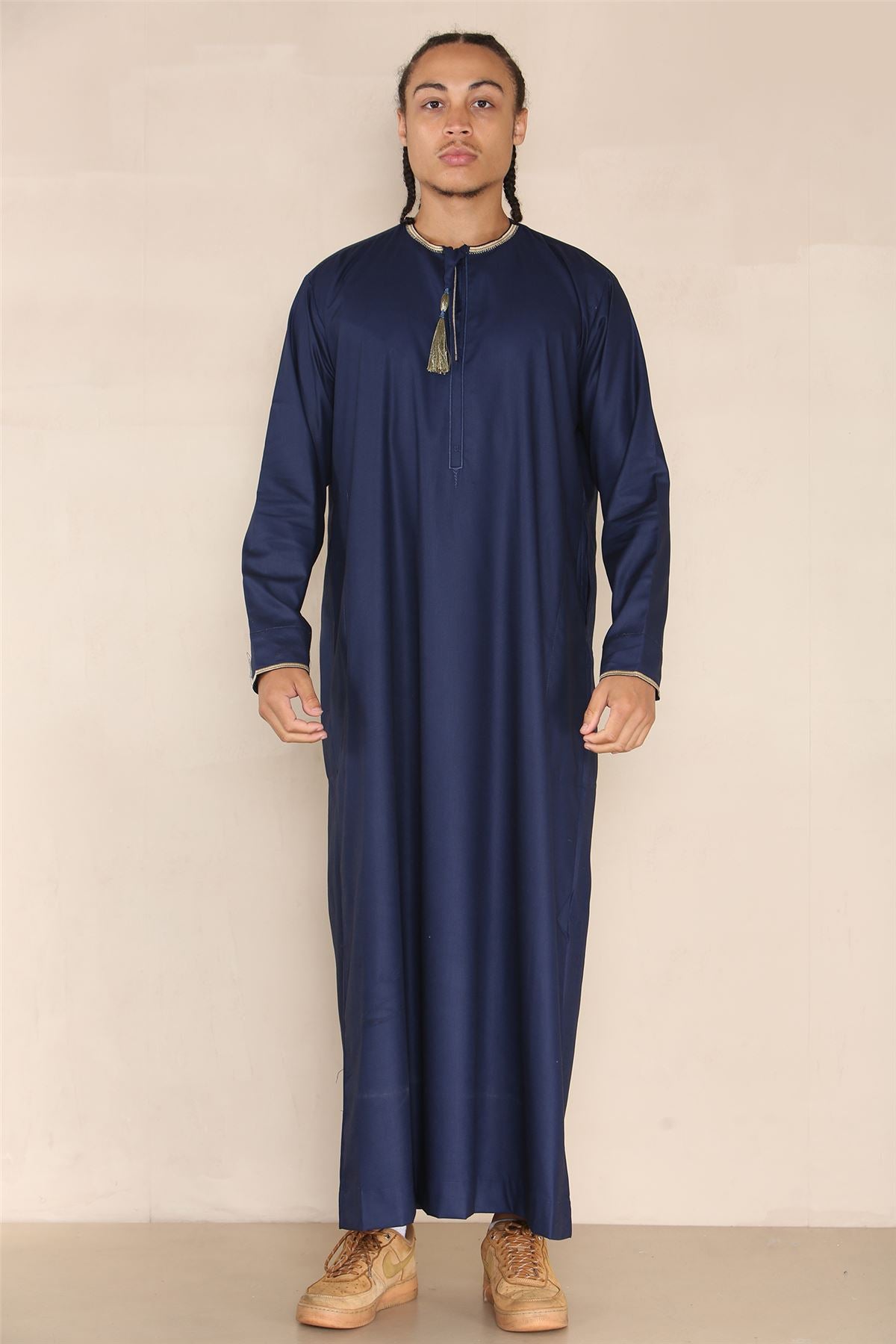Mens Emirati Omani Thobe Jubba Islamic Clothing Muslim Kaftan Eid Robe Arab String Tassel