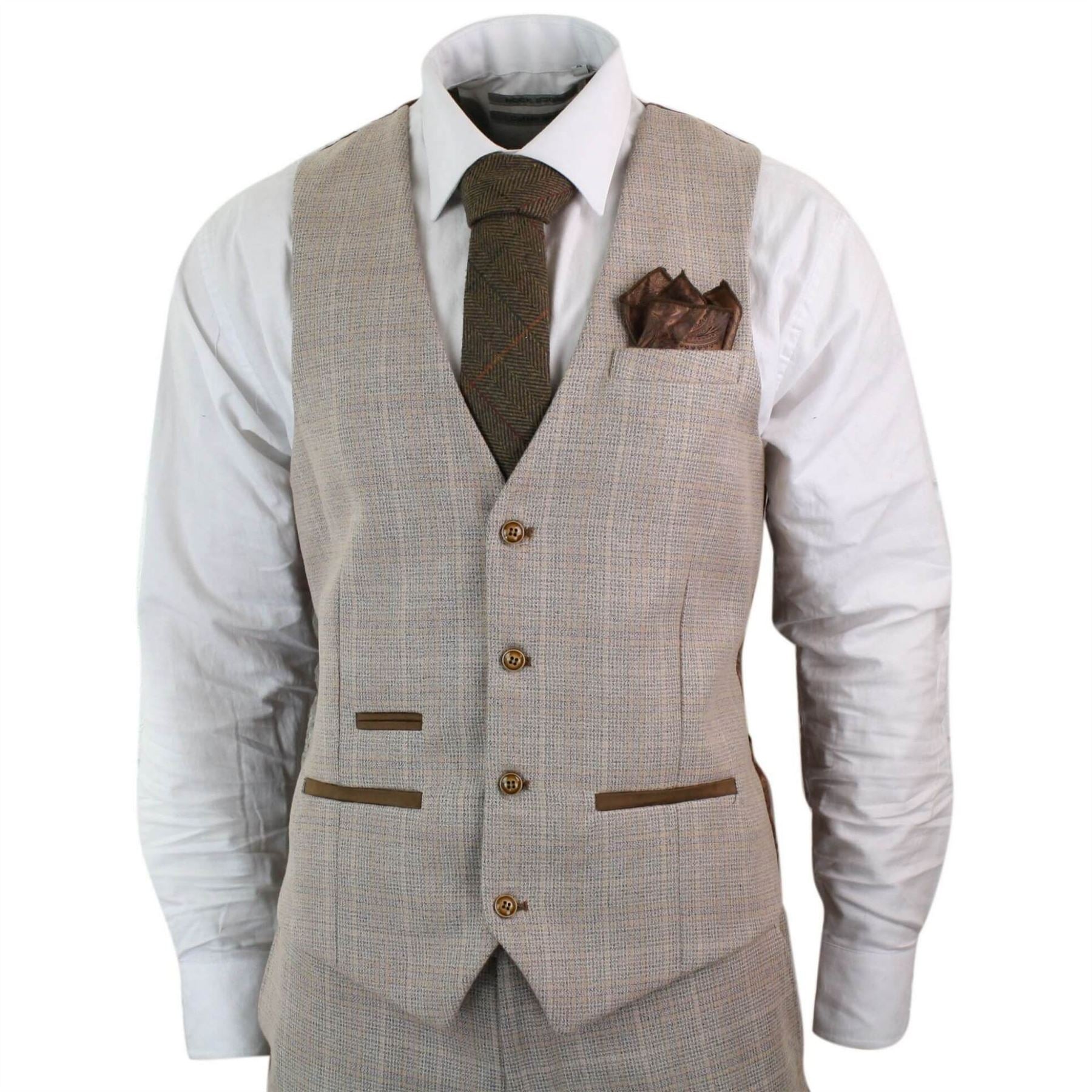 Mens Check Tweed Beige Brown 3 Piece Suit Wedding Prom Vintage Retro Classic