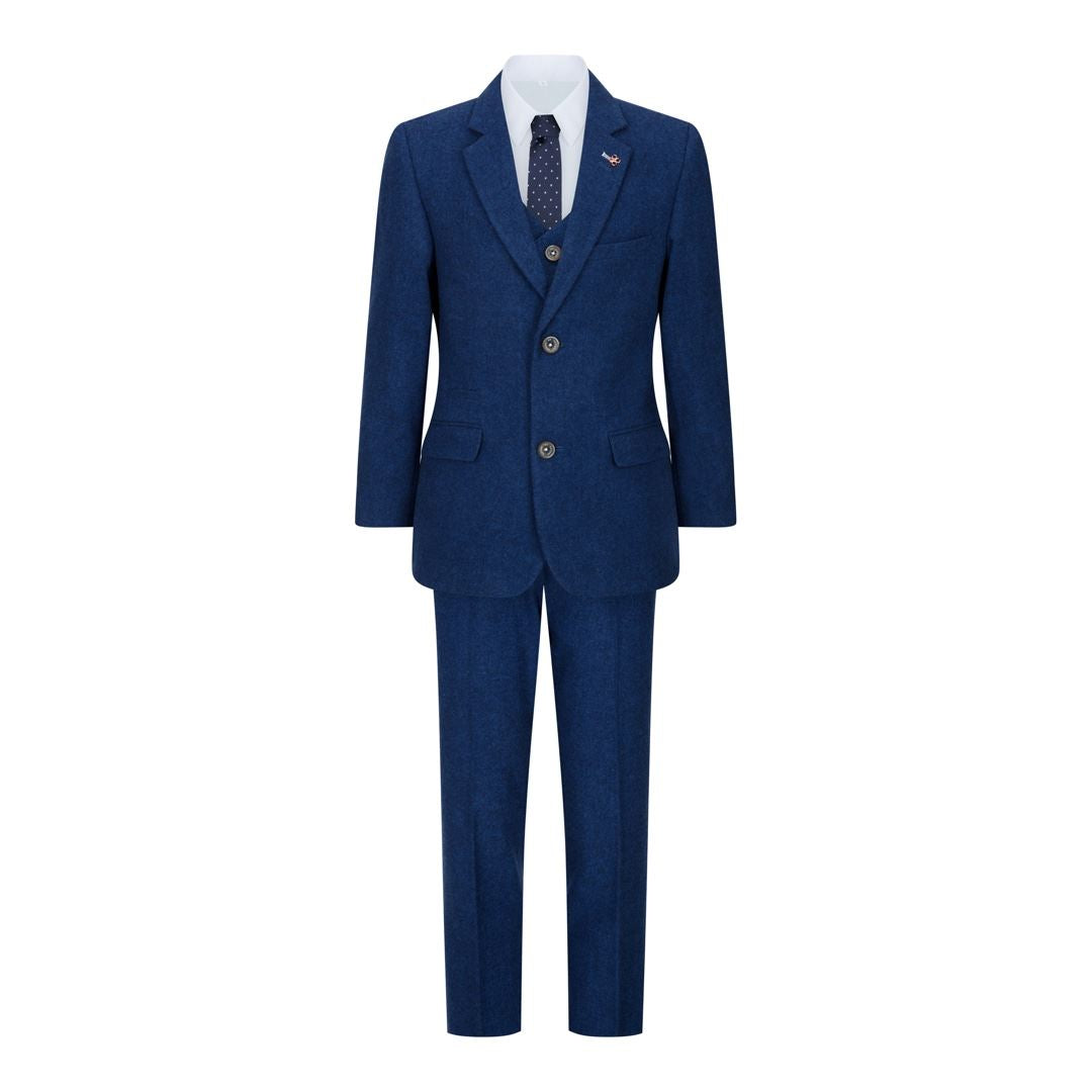 Boys 3 Piece Wool Suit Blue Tweed Vintage 1920s Classic 4 Pocket Waistcoat