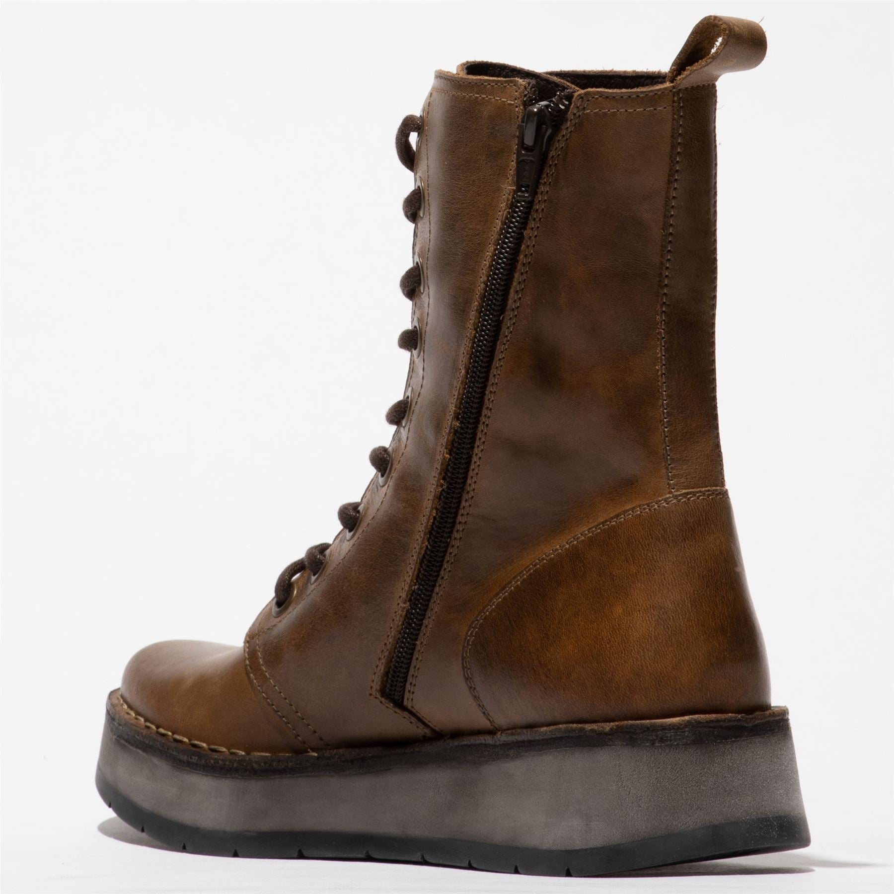 RAMI043FLY - Women's Wedge Heel Lace Up Leather Ankle Boots