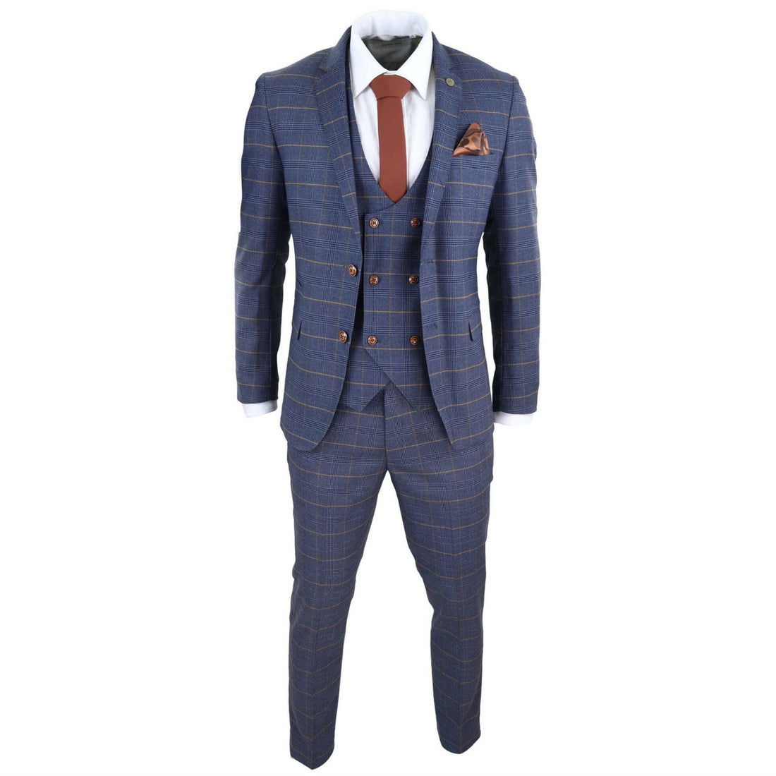 Mens 3 Piece Navy Blue Tan Check Double Breasted Waistcoat Formal Suit Classic