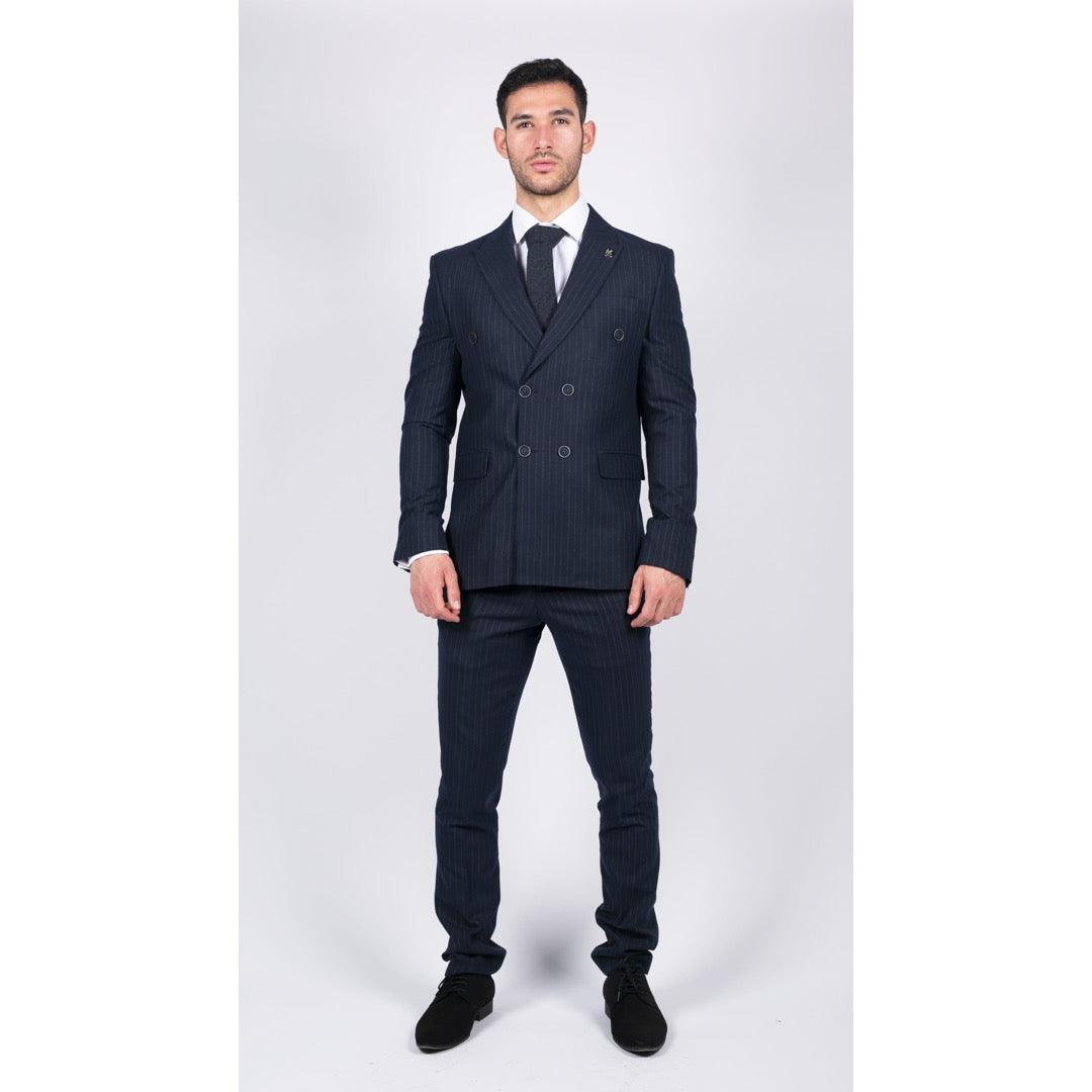 Mens Double Breasted Suit Navy Pinstripe 1920s Mafia Gangster Blinders Wedding - Knighthood Store