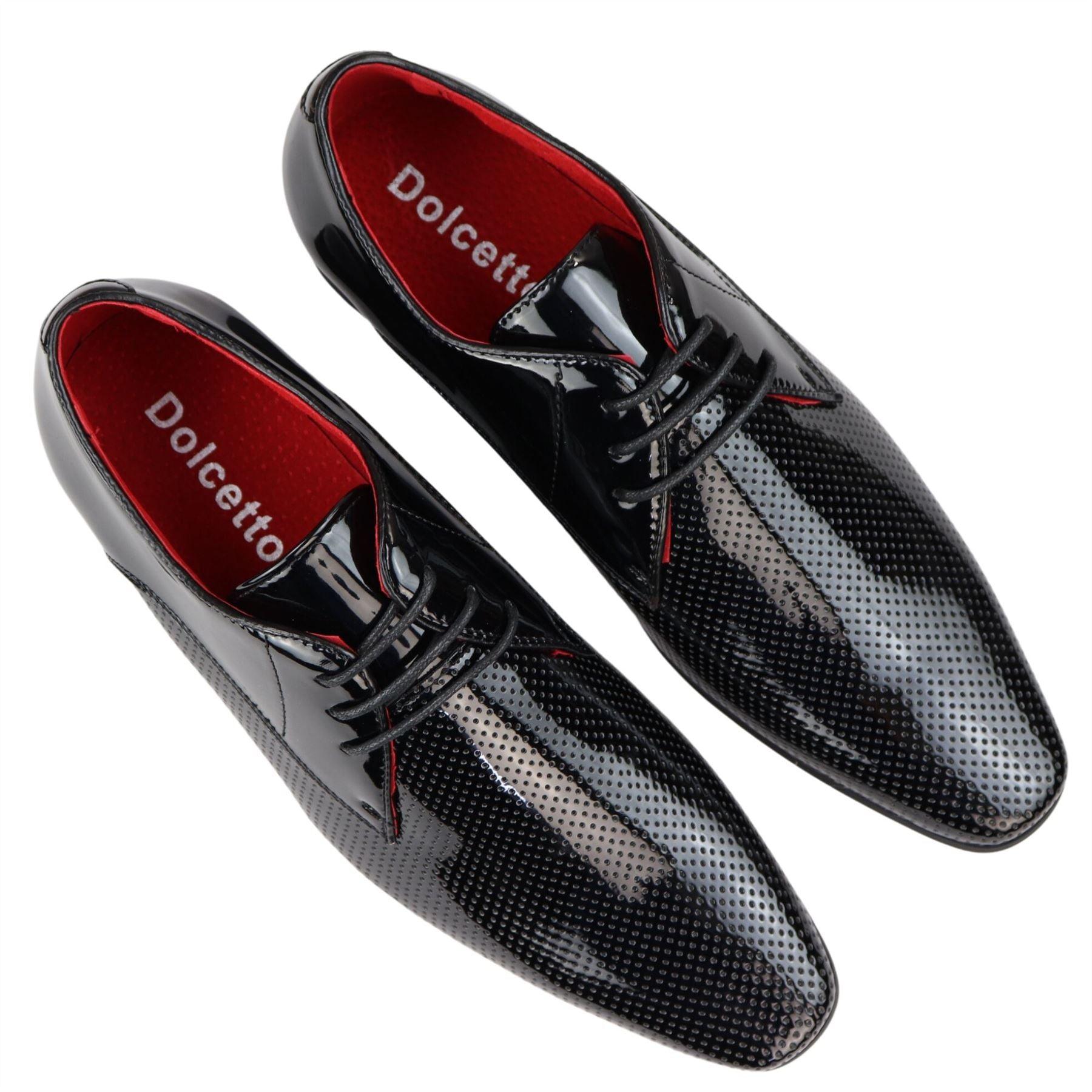 Mens Shoes Smart Formal Perforated Pointed Laced Black Red White Patent Leather PU - Knighthood Store