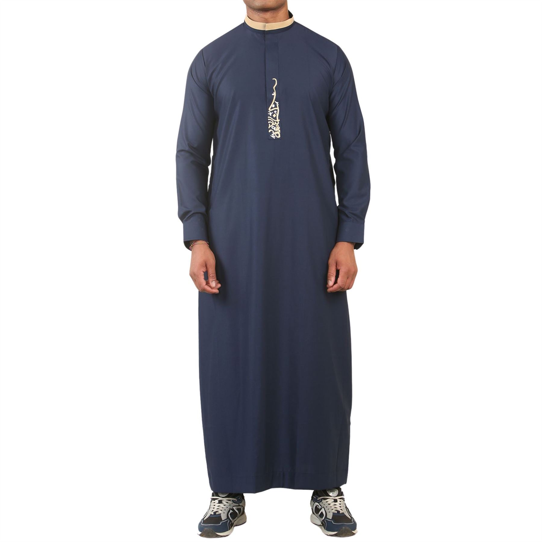 Men's Thobe Jubba Nehru Round Collar Islamic Clothing Muslim Kaftan Embroidery Eid Robe Saudi