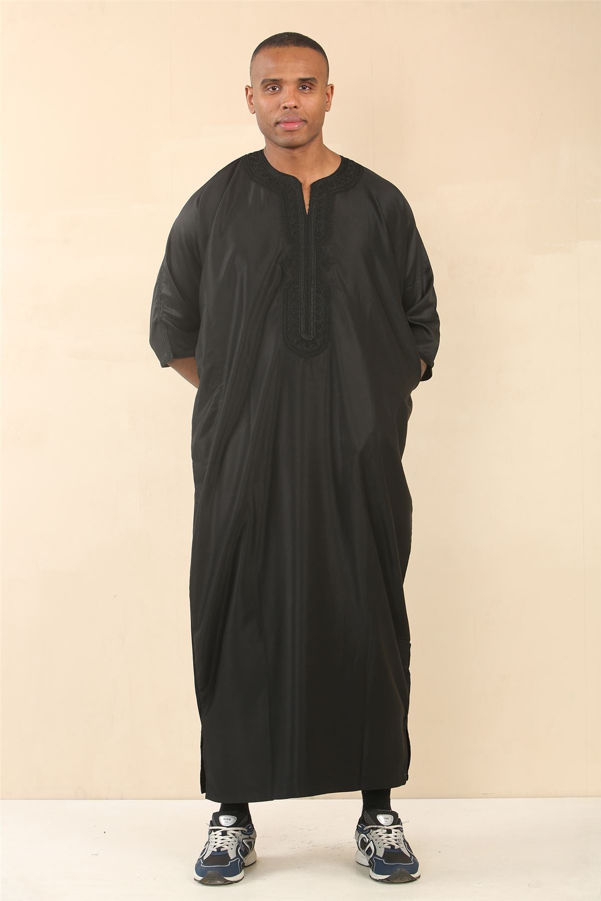 Men's Moroccan Thobe Gandoura Short Sleeve Jubba Islamic Clothing Kaftan Eid Robe Arab Embroidery