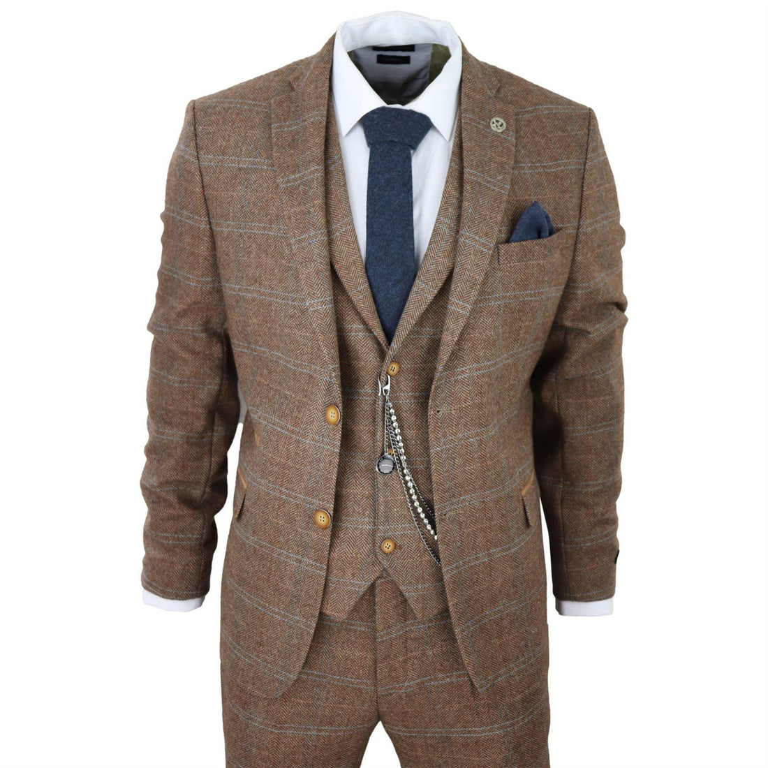 Men's 3 Piece Suit Wool Tweed Herringbone Tan Brown Blue Check 1920s Gatsby Formal Dress Suits - Knighthood Store