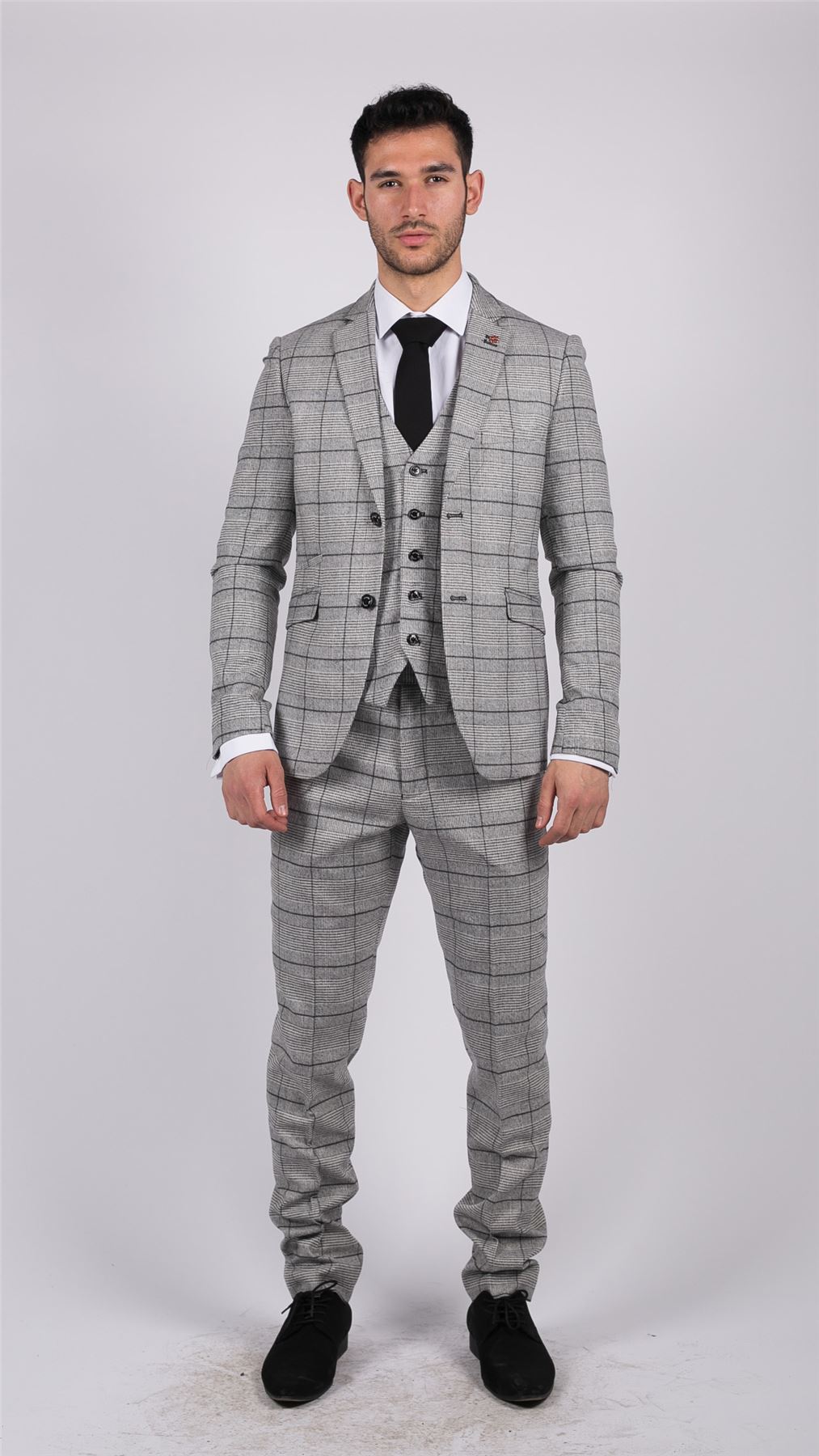 Mens Grey Check Black Tweed 3 Piece Suit Vintage Classic 1920s Wedding