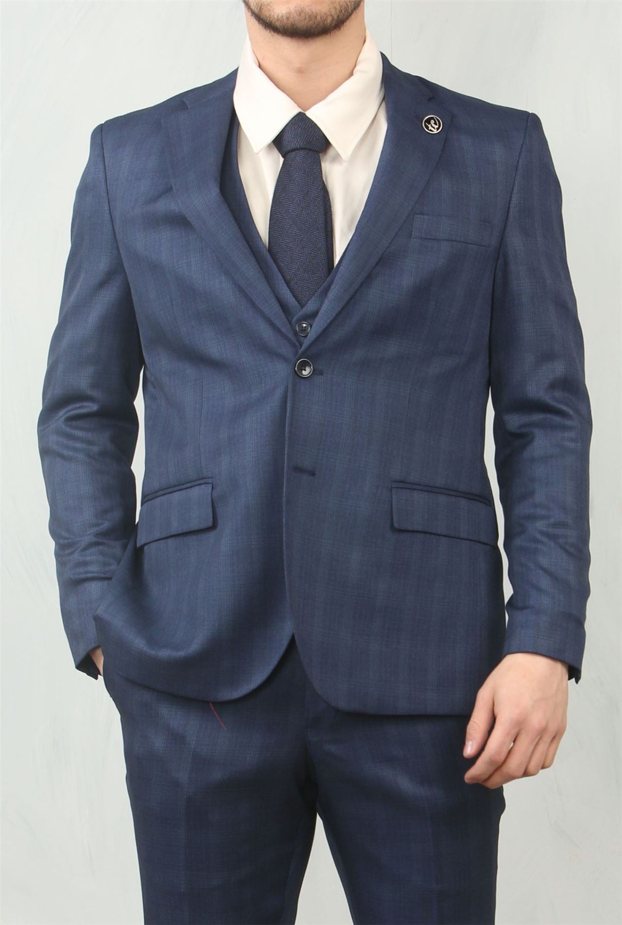 IM31 - Men's Blue 3 Piece Prince Of Wales Check Suit