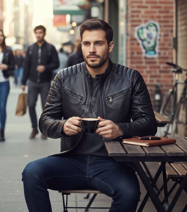 Men's Lambskin Leather Motorcycle Jacket Slim Fit Biker Coat