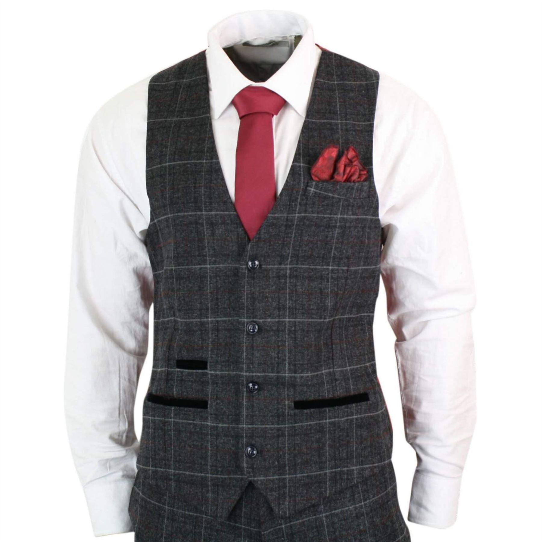 Mens Grey Black 3 Piece Tweed Suit Herringbone Wine Vintage Retro - Knighthood Store