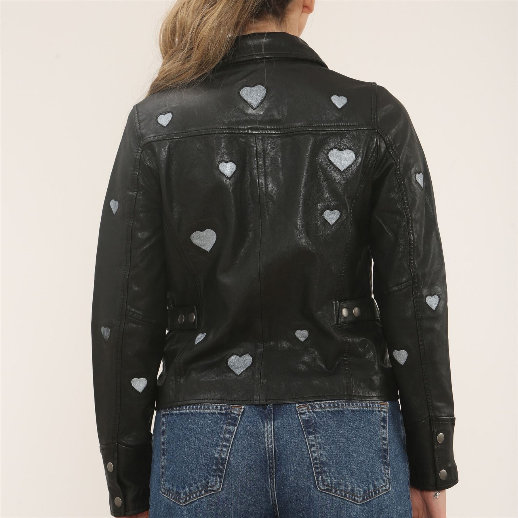 Women's Real Leather Shirt Collar Heart Print Jacket
