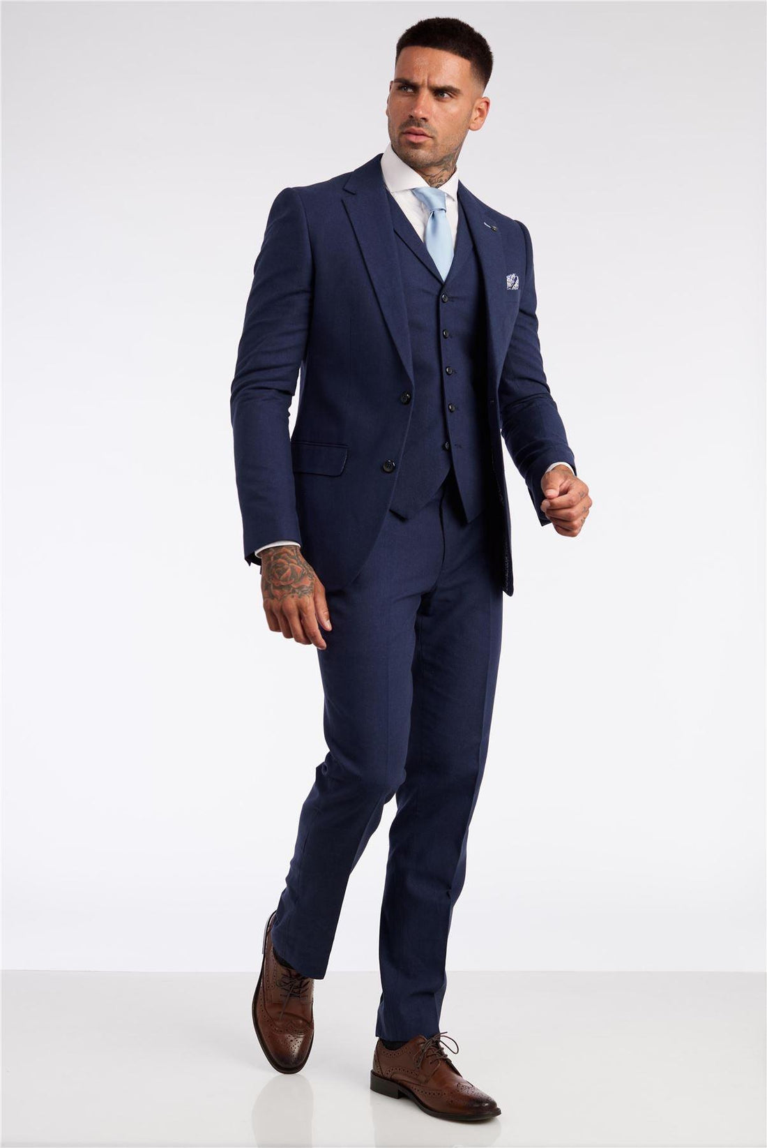 Mens 3 Piece Linen Suit Summer Breathable Wedding Cotton Navy Blue - Knighthood Store