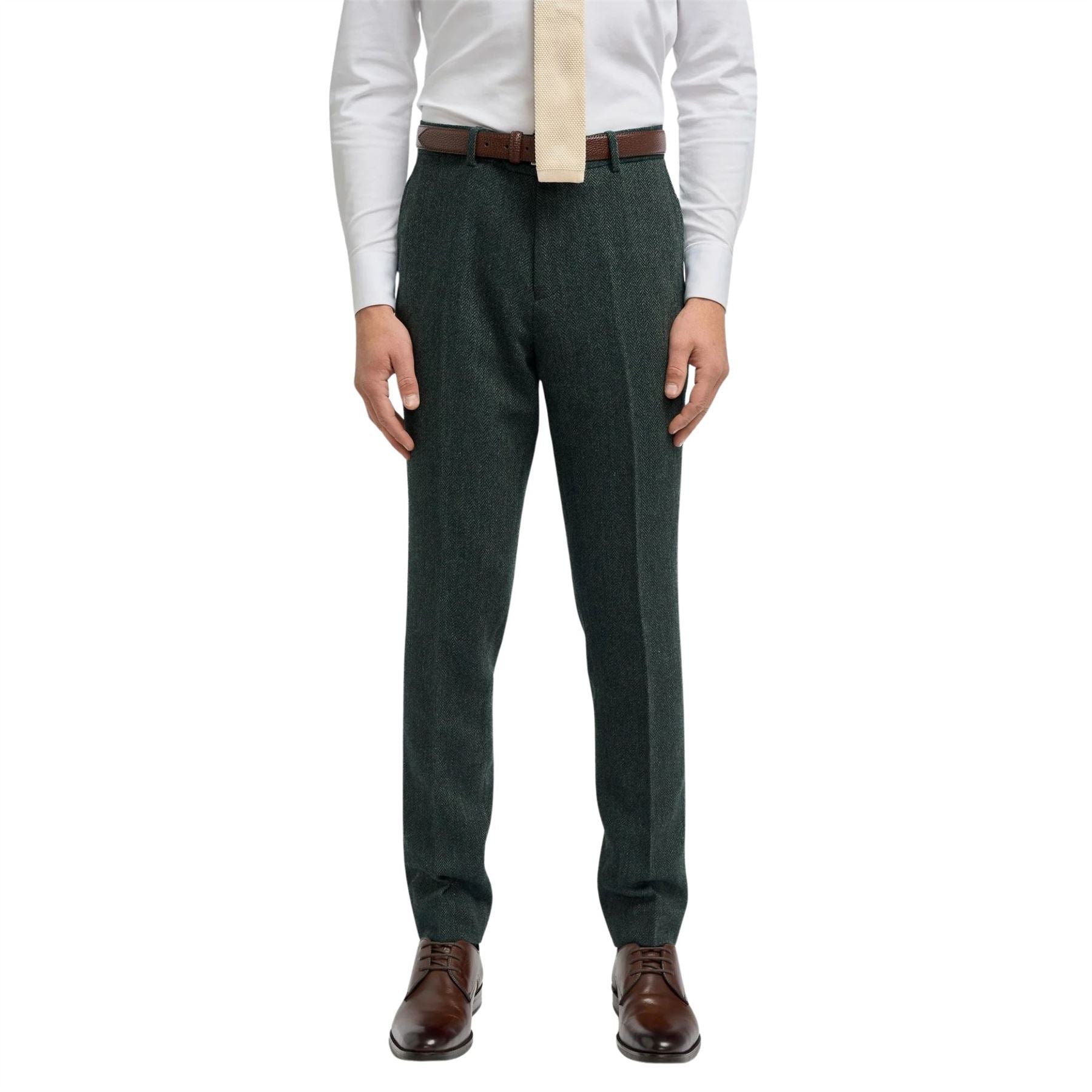 Thomas - Men's Olive Wool Blend Herringbone Tweed Trousers