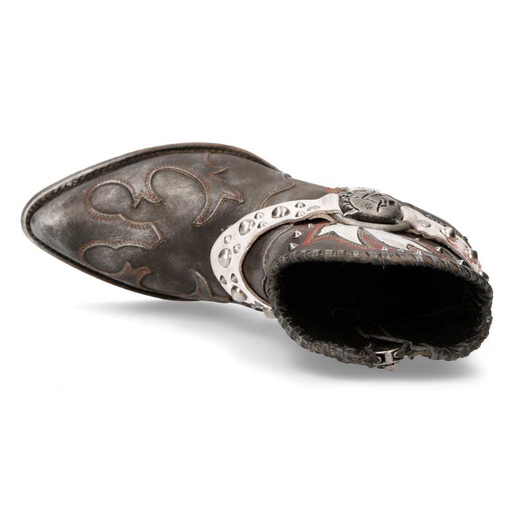 New Rock WSTM004-S2 Grey White Leather Cowboy Western Pointed Boots Vintage - Knighthood Store