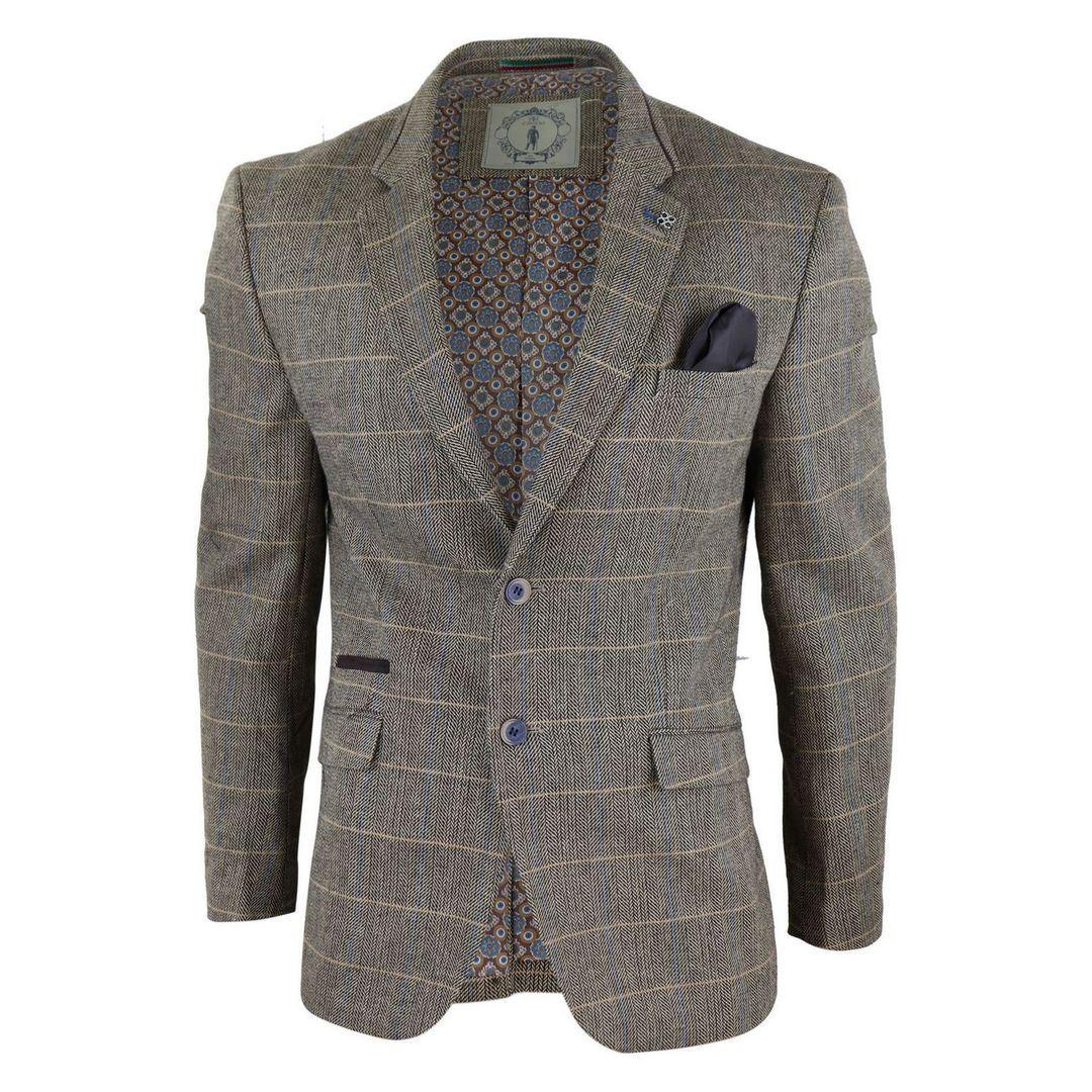 Mens Oak Brown Vintage Check Herringbone Tweed Blazer Jacket or Waistcoat Retro - Knighthood Store