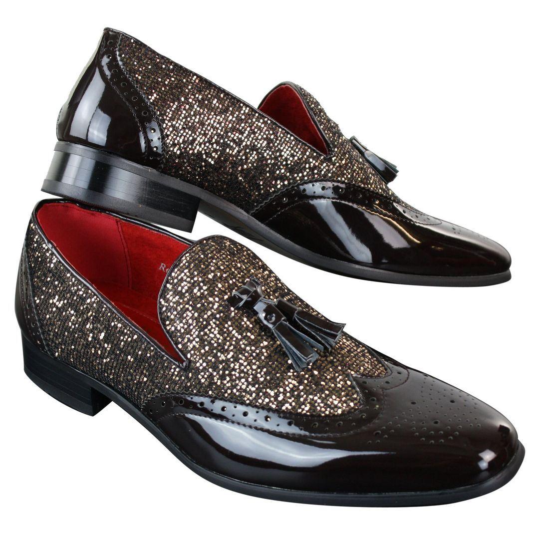 Mens Smart Party Shiny Tassle Shoes Red Silver Black Gold Slip On Patent Leather - Knighthood Store